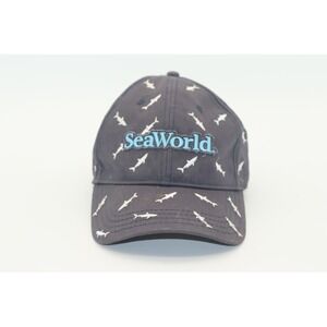 SeaWorld Navy Blue Shark All Over Print Embroidered Baseball Cap Adjustable Hat